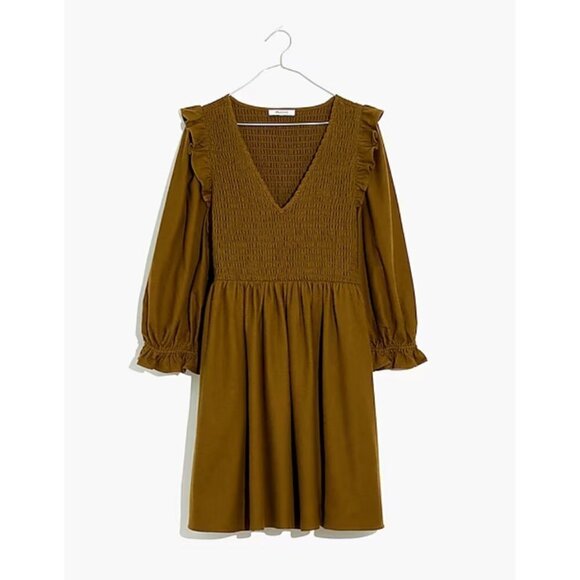 💕MADEWELL💕 Flannel Lucie V-Neck Smocked Mini Dress Weathered Olive Medium NWOT - Picture 6 of 15